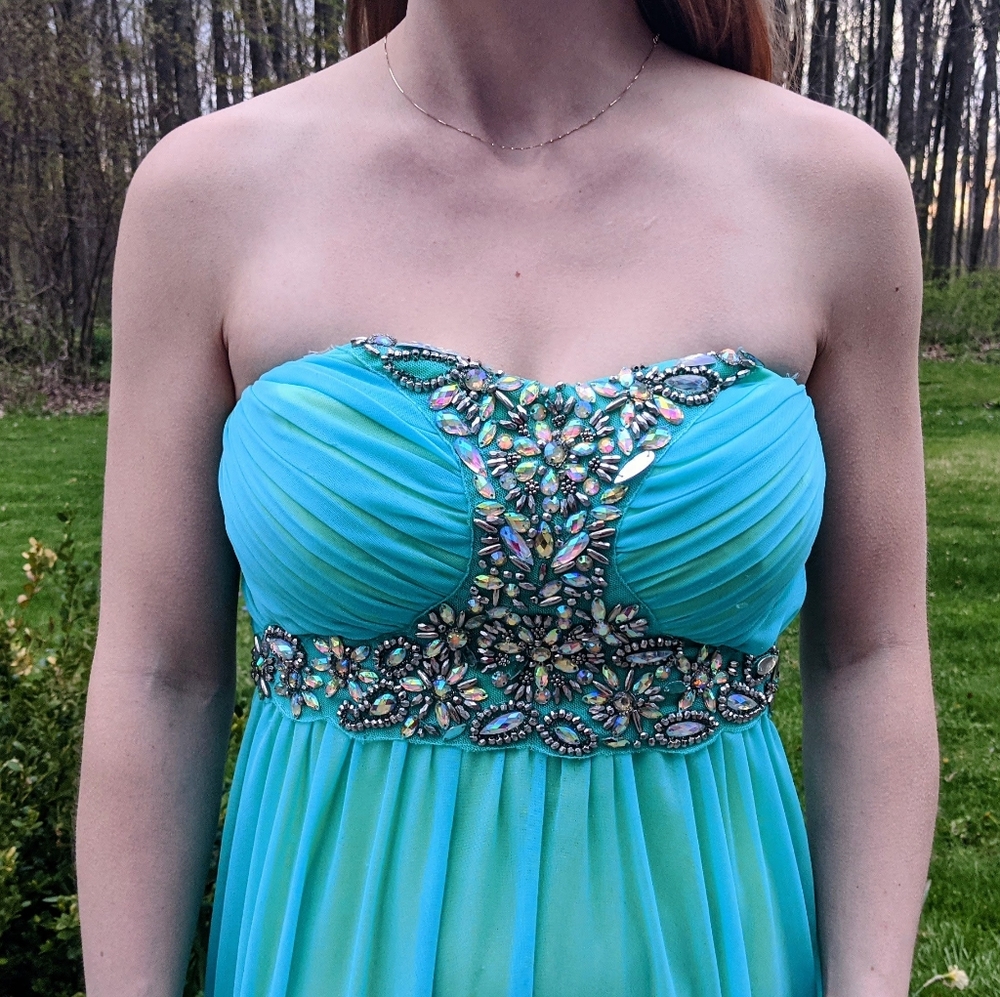 Long strapless teal prom dress